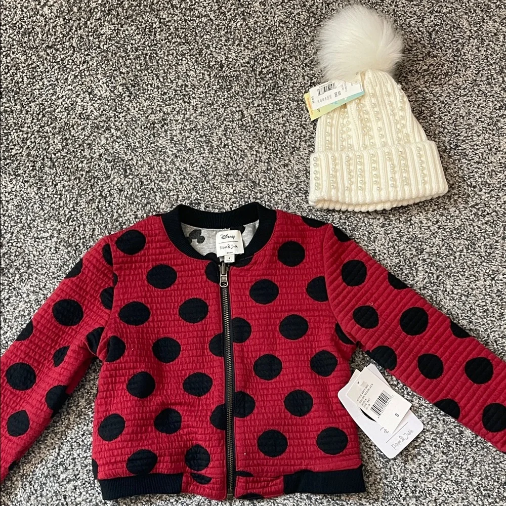 Disney Minnie Mouse Polka Dot Reversible Sweatshirt and Pearl Puff Beanie NWT